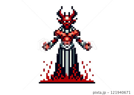 A pixelated image of Lucifer with a menacing appearance, in black and red armor, with fire around his legs, on a white background. A pixelated image of Lucifer with a menacing appearance, in black and red armor, with fire around his legs, on a white background. 121940671