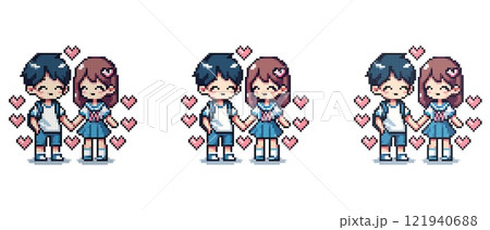 Pixel art of a couple in love holding hands surrounded by pink hearts. Pixel art of a couple in love holding hands surrounded by pink hearts. 121940688