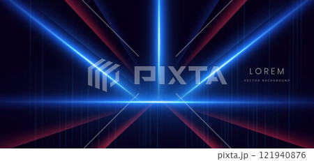 Abstract futuristic glowing blue and red neon light ray with speed motion moving on dark blue background. 121940876