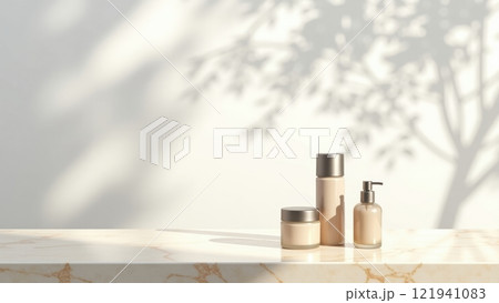Elegant Cream-Colored Marble Table Display with Products 121941083