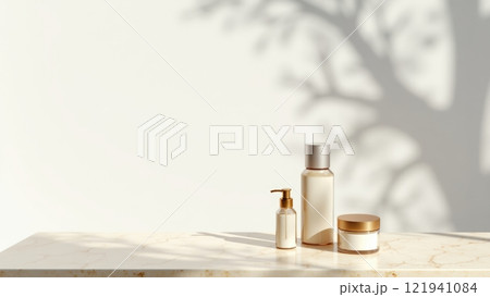 Elegant Cream-Colored Marble Table with Subtle Veins Elegant Cream-Colored Marble Table with Subtle Veins 121941084