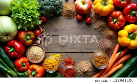 Rustic Wooden Table with Fresh Vegetables and Spices 121941100