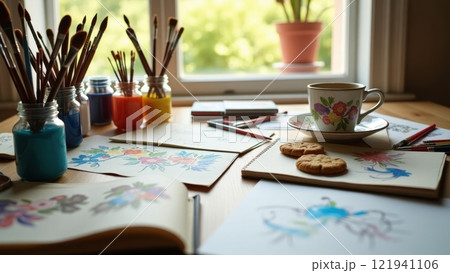 Vibrant Organized Flatlay of Artistic Supplies 121941106