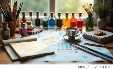 Vibrant Art Supplies Flatlay Arrangement Vibrant Art Supplies Flatlay Arrangement 121941108