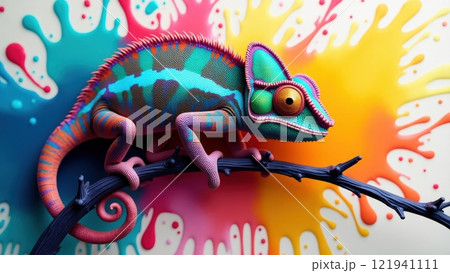 Vibrant Chameleon on Colorful Background 121941111