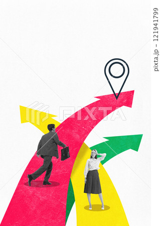 Businessman walking on red arrow towards location pin while businesswoman stands on yellow and green pathways, symbolizing decision-making and direction. Conceptual design 121941799
