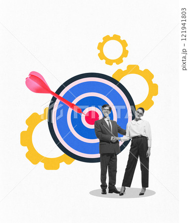 Partners shaking hands with large target and yellow gears in background, symbolizing partnership and goal alignment. Conceptual design Partners shaking hands with large target and yellow gears in background, symbolizing partnership and goal alignment. Conceptual design 121941803