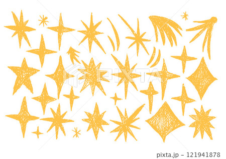 Crayon sparkle stars set. Space shine shapes and blings doodle pack. Comets and blinking on night sky. Vector handdrawn by pencil or pastel illustration isolated on white background. 121941878