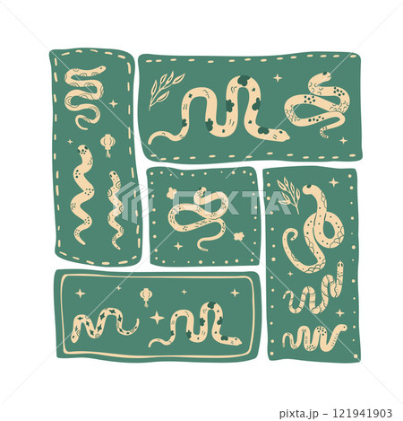 Green snake Chinese New Years square emblem symbol. Cny zodiac snake lunar 2025 modular poster isolated on white background. Vector hand drawn flat illustration 121941903