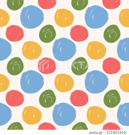 Polka dots abstract seamless pattern crayon drawn. Circular spots allover background. Round brush blobs repeat cover. Scribble oval elements marker draw. Vector surface design festive motif. 121941919