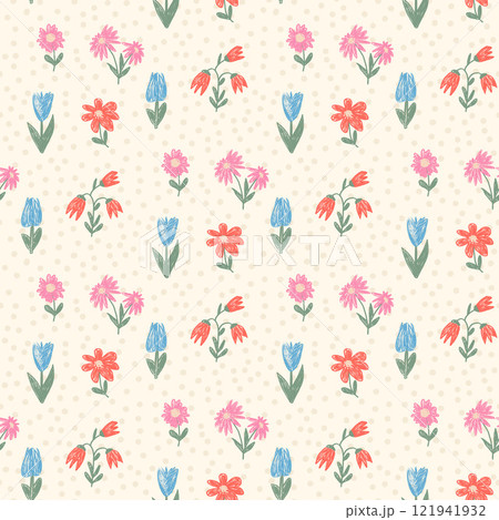 Flowers crayon drawn seamless pattern. Floral allover background. Line art stroke botany repeat backdrop. Surface pattern design spring motif. Vector hand drawn illustration 121941932