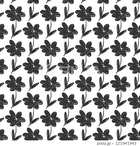 Flowers seamless pattern. Black and white floral stencil allover background. Cosmos charcoal drawn repeat cover. Surface pattern design spring motif. Vector hand drawn monochrome illustration Flowers seamless pattern. Black and white floral stencil allover background. Cosmos charcoal drawn repeat cover. Surface pattern design spring motif. Vector hand drawn monochrome illustration 121941943