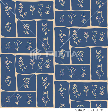 Flowers crayon drawn seamless pattern. Floral allover background. Line art stroke botany modular repeat backdrop. Surface pattern bento box design spring motif. Vector hand drawn illustration Flowers crayon drawn seamless pattern. Floral allover background. Line art stroke botany modular repeat backdrop. Surface pattern bento box design spring motif. Vector hand drawn illustration 121941945