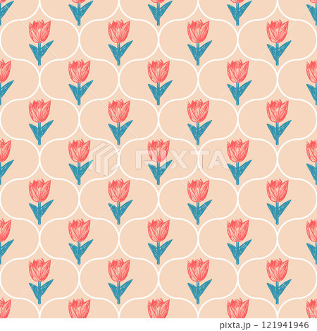 Red flowers crayon drawn seamless pattern. Floral allover background. Damask tulip botanic repeat backdrop. Surface pattern design spring ogee motif. Vector hand drawn illustration 121941946