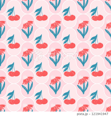Flowers with cherry crayon drawn seamless pattern. Floral coquette allover background. Damask botanic with cherry repeat backdrop. Surface pattern design spring motif. Vector hand drawn illustration 121941947