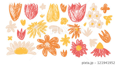 Flowers bud set. Spring tulip, daisy, chamomile and marguerite head plants doodle. Summer floral kids elements. Chalk or pastel style childish shape. Vector naive pencil illustration isolated on white Flowers bud set. Spring tulip, daisy, chamomile and marguerite head plants doodle. Summer floral kids elements. Chalk or pastel style childish shape. Vector naive pencil illustration isolated on white 121941952