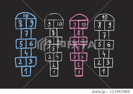 Hopscotch games set isolated on dark background. Children playground outdoor entertainment. Vector chalk drawn illustration Hopscotch games set isolated on dark background. Children playground outdoor entertainment. Vector chalk drawn illustration 121941969