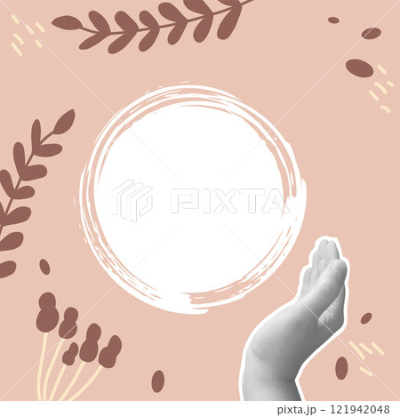 Pink nude collage background with frame and hand. Mocha mousse palette Abstract textured template. Monochrome backdrop. Scrapbook modern nude colors cover with copy space. Vector illustration Pink nude collage background with frame and hand. Mocha mousse palette Abstract textured template. Monochrome backdrop. Scrapbook modern nude colors cover with copy space. Vector illustration 121942048