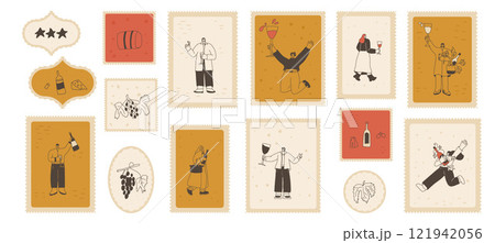 Wine lover on postage stamps set. Tasting event square zigzag edges emblem. Party with grape alcohol drinks. Women and man with wineglasses visit a vineyard. Vector hand drawn doodle illustration 121942056