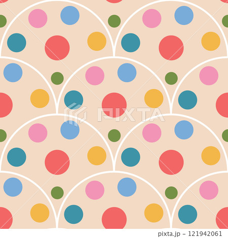 Polka dots seamless pattern. Circle scallop confetti endless background. Retro birthday round elements repeat cover. Colorful chaotic spots continuous ornament. Vector illustration 121942061