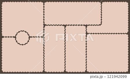 Scallop edged frame template. Bento collage grid shapes. Geometry modular moodboard borders with perforation. Label textboxes Lace frill pack. Trendy blocks blank layout. Vector flat illustration. Scallop edged frame template. Bento collage grid shapes. Geometry modular moodboard borders with perforation. Label textboxes Lace frill pack. Trendy blocks blank layout. Vector flat illustration. 121942099