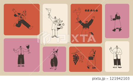 Wine drink people on bento grid box background. Tasting event on modular mosaic grid. Party with alcohol drinks. Women and men with wineglasses visit a vineyard. Geometric vector doodle illustration Wine drink people on bento grid box background. Tasting event on modular mosaic grid. Party with alcohol drinks. Women and men with wineglasses visit a vineyard. Geometric vector doodle illustration 121942103