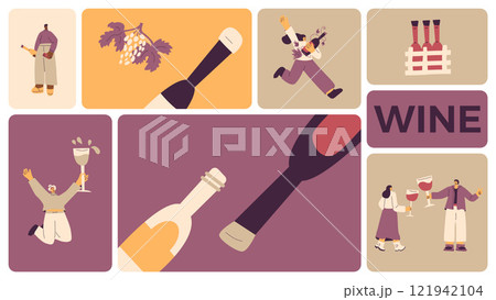 Wine drink people on bento grid box background. Tasting event on modular mosaic grid. Party with alcohol drinks. Women and men with wineglasses visit a vineyard. Geometric vector flat illustration 121942104