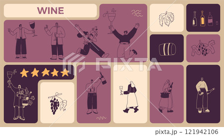 Wine wine rating. People drink cocktails on bento grid box background. Tasting event on modular mosaic grid. Party with alcohol drinks. Women and men with wineglasses. Geometric vector illustration Wine wine rating. People drink cocktails on bento grid box background. Tasting event on modular mosaic grid. Party with alcohol drinks. Women and men with wineglasses. Geometric vector illustration 121942106