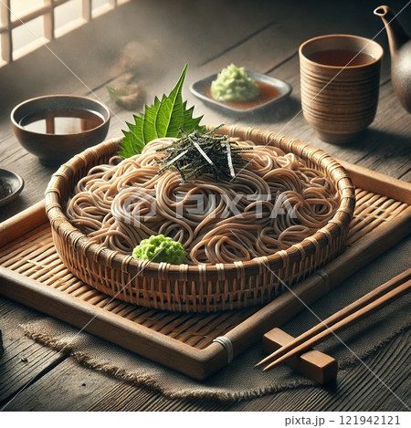 竹ざるに盛られた香り高い蕎麦 121942121