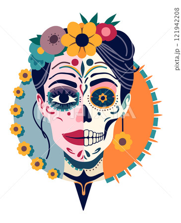 Catrina head. Female sugar skull. Mexican Day of the Dead. Cinco de Mayo. Vector isolated illustration Catrina head. Female sugar skull. Mexican Day of the Dead. Cinco de Mayo. Vector isolated illustration 121942208