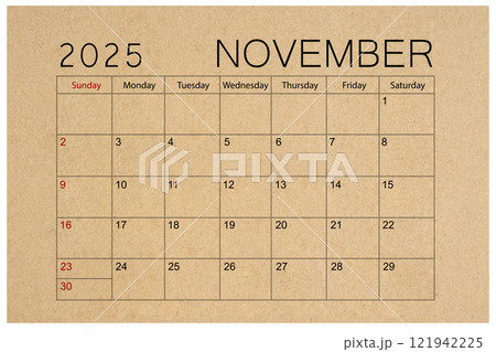 Brown paper calendar for November 2025 isolated on white background. Brown paper calendar for November 2025 isolated on white background. 121942225