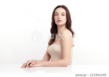 Beautiful young woman with clean fresh skin on white background, Face care, Facial treatment, Cosmetology, beauty and spa, women portrait. 121942249