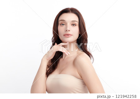 Beautiful young woman with clean fresh skin on white background, Face care, Facial treatment, Cosmetology, beauty and spa, women portrait. Beautiful young woman with clean fresh skin on white background, Face care, Facial treatment, Cosmetology, beauty and spa, women portrait. 121942258