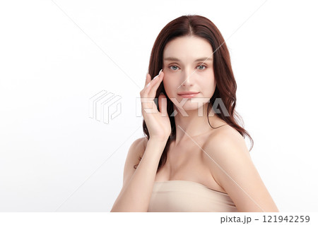 Beautiful young woman with clean fresh skin on white background, Face care, Facial treatment, Cosmetology, beauty and spa, women portrait. Beautiful young woman with clean fresh skin on white background, Face care, Facial treatment, Cosmetology, beauty and spa, women portrait. 121942259