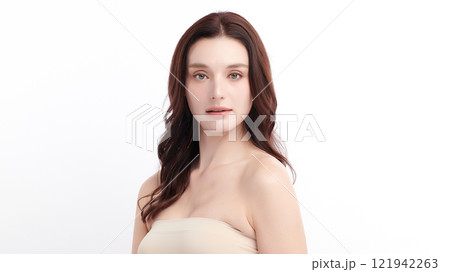 Beautiful young woman with clean fresh skin on white background, Face care, Facial treatment, Cosmetology, beauty and spa, women portrait. 121942263