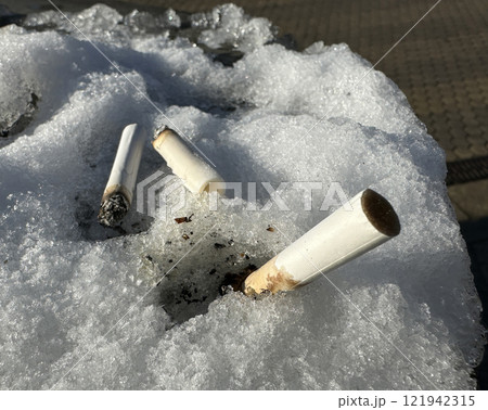 Cigarette butts in the snowy trashcan 121942315