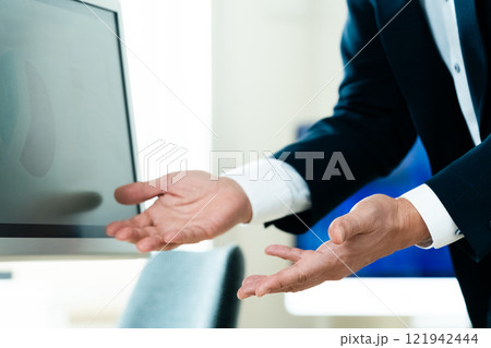 パソコンの前で説明するビジネスマン パソコンの前で説明するビジネスマン 121942444