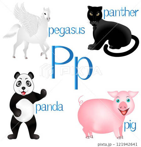 Illustration for teaching children the English alphabet with cartoon animals. The letter P. Illustration for teaching children the English alphabet with cartoon animals. The letter P. 121942641