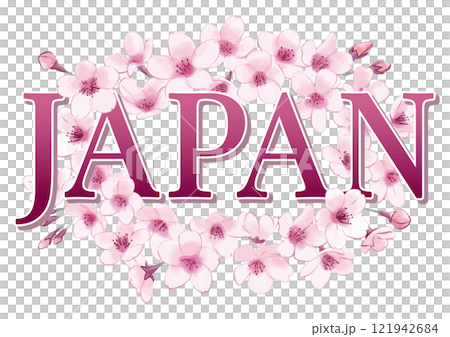 Hand-drawn cherry blossom frame with the word "JAPAN". 121942684