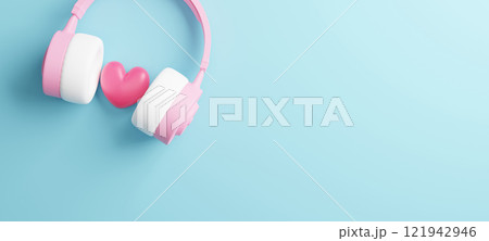 Pink heart with headphone on pastel blue background with copy space 3D render Pink heart with headphone on pastel blue background with copy space 3D render 121942946