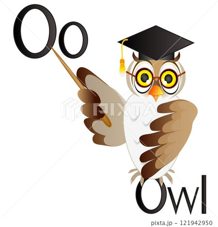 Illustration for teaching children the English alphabet with cartoon owl teacher. The letter O. Illustration for teaching children the English alphabet with cartoon owl teacher. The letter O. 121942950