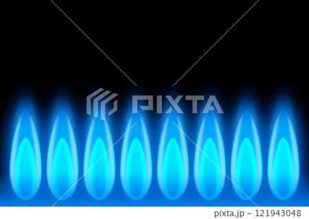 Many blue gas flames isolated on black background 121943048