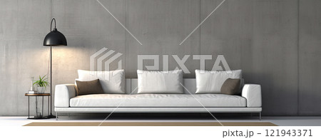 Interior with sofa in modern design. Wide couch in the contemporary room. Generated AI. 121943371