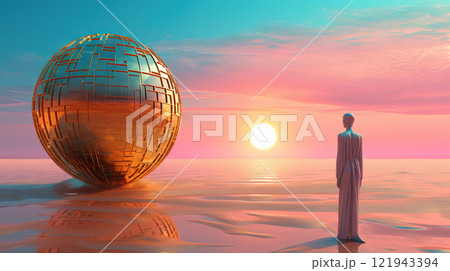 Surreal vaporwave scene with golden ball on the landscape with mountains and sea. 90s styled abstract surreal pink composition. Generated AI. 121943394