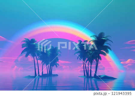 Palm trees and rainbow 80s landscape in vaporwave style. Retrowave vacation background with tropical sunset and palms. Generated AI. Palm trees and rainbow 80s landscape in vaporwave style. Retrowave vacation background with tropical sunset and palms. Generated AI. 121943395