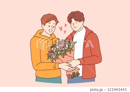 Gay man gives flowers to boyfriend during date and feels safe thanks to society tolerance for LGBT Gay man gives flowers to boyfriend during date and feels safe thanks to society tolerance for LGBT 121943443