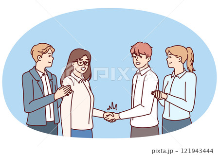 Team business people and manager handshake with best employee company to motivate staff 121943444