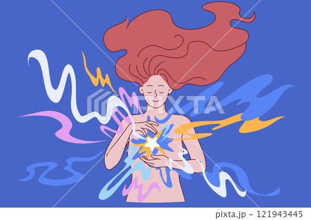 Esoteric energy inside smiling young woman, with glow in chest symbolizing pure soul. Esoteric energy inside smiling young woman, with glow in chest symbolizing pure soul. 121943445