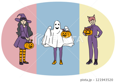 Cheerful kids in halloween outfits invite to go for treats and hold pumpkins in hands 121943520