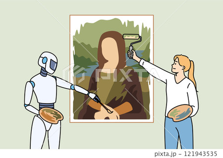 Creation of artwork using AI and neural networks demonstrates person and humanoid drawing picture Creation of artwork using AI and neural networks demonstrates person and humanoid drawing picture 121943535